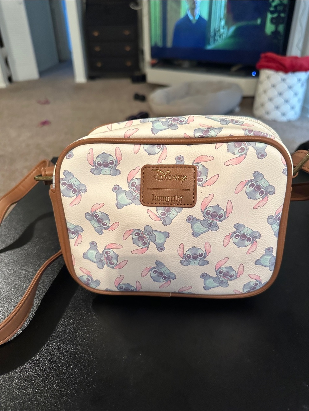 Loungefly Stitch Pattern Crossbody Bag - Pink, Blue & Cream with Brown Trim